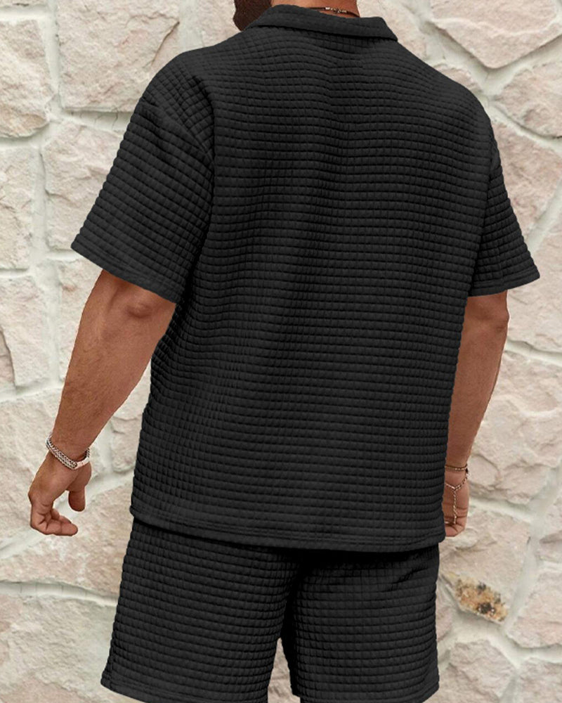 Polo Collar Zip Waffle Texture Shorts Set