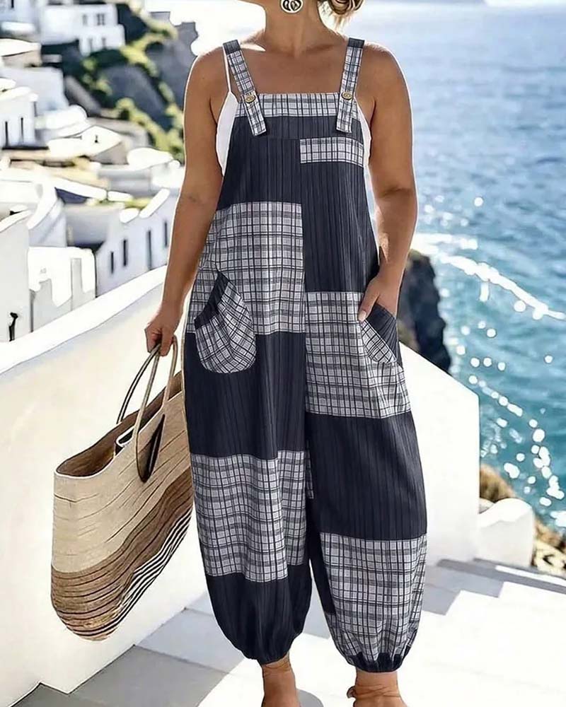 Plaid Color-Block Overall Jumpsuit