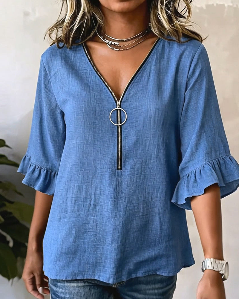 Zipper Half-Sleeve Loose Solid Color Blouse