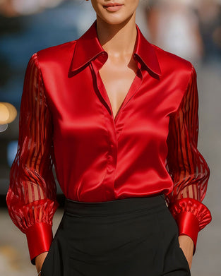 Solid Color Lapel Patchwork Long Sleeve Shirt