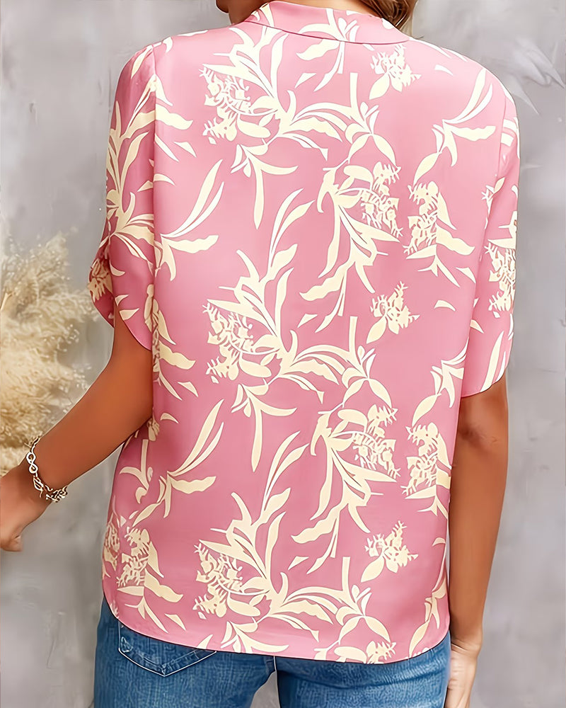 V-Neck Printed Short-Sleeved Blouse