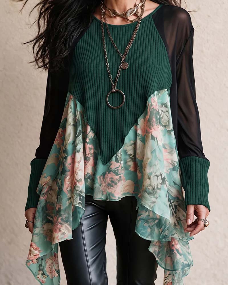 Patchwork Floral Irregular Blouse
