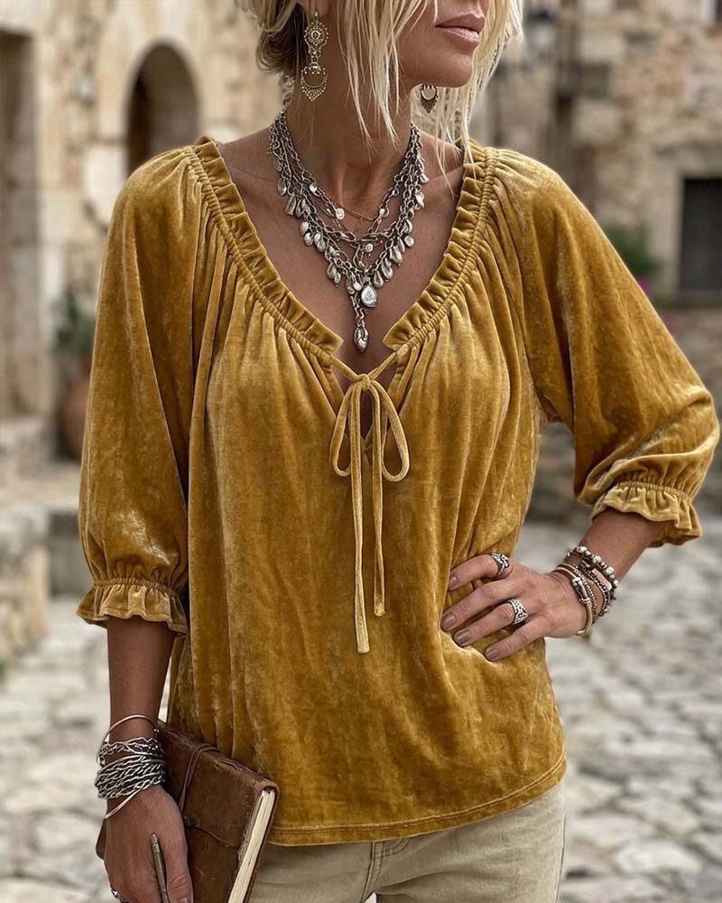 Drawstring Velvet Short Sleeve Blouse