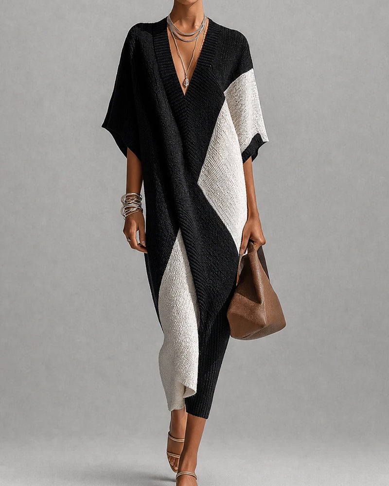 Color Block V-Neck Sweater Dress