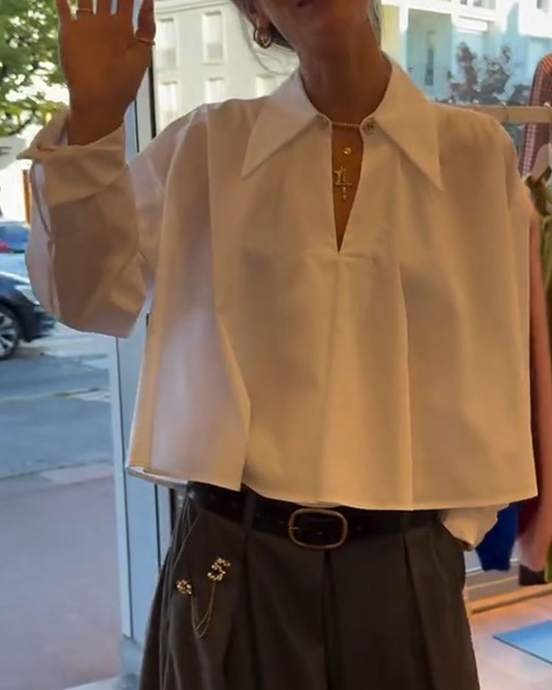 Lapel V-Neck Cropped Long Sleeve Blouse