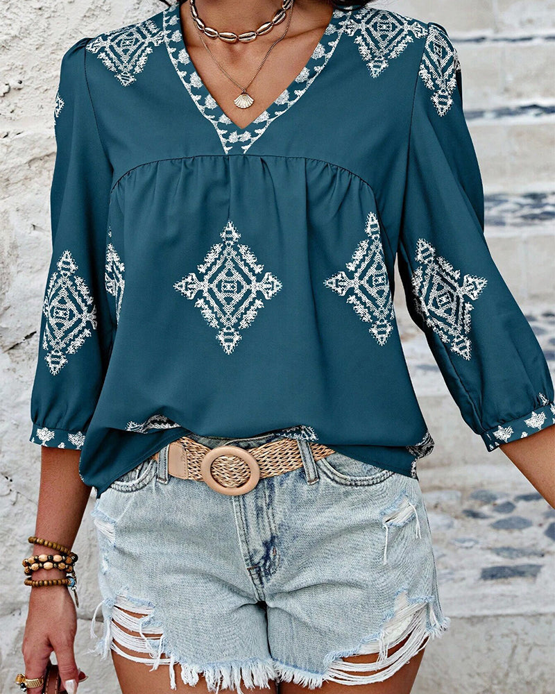 V-Neck Diamond Print Three-Quarter Sleeve Blouse