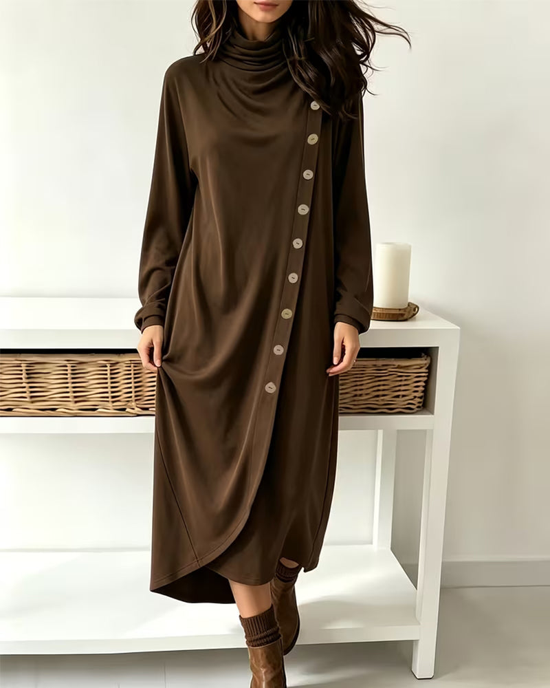 Cowl Neck Button Crossover Irregular Dress