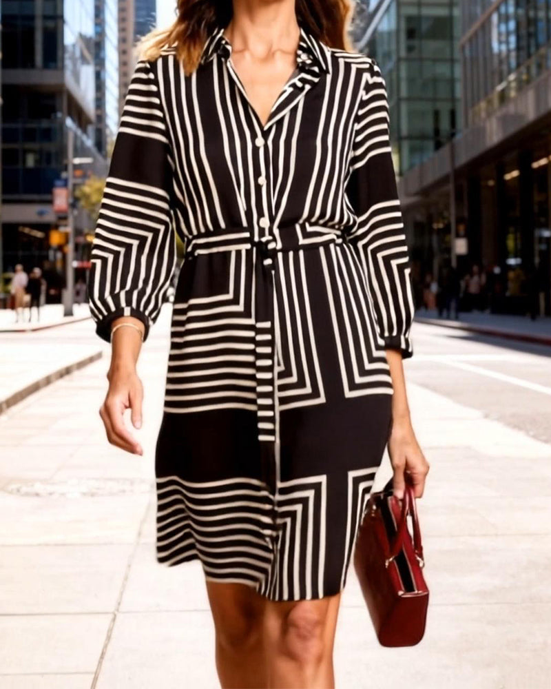 Lapel Collar Striped Print Dress