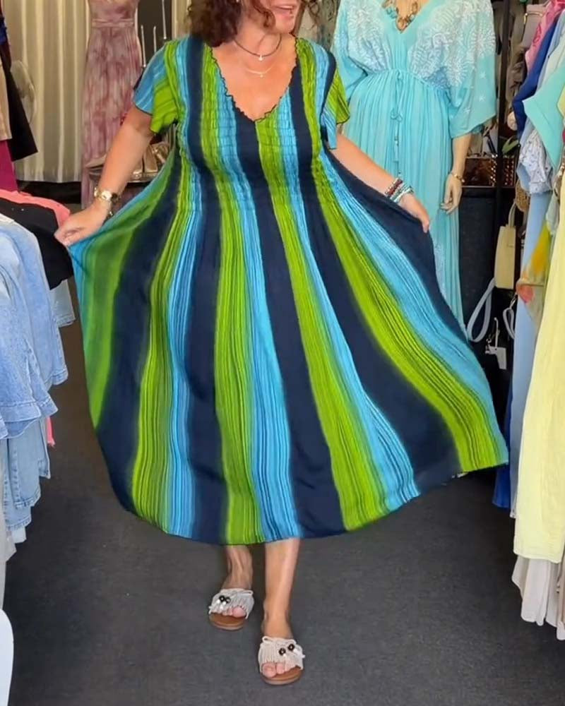 Vertical Stripe V-Neck Colorful Dress