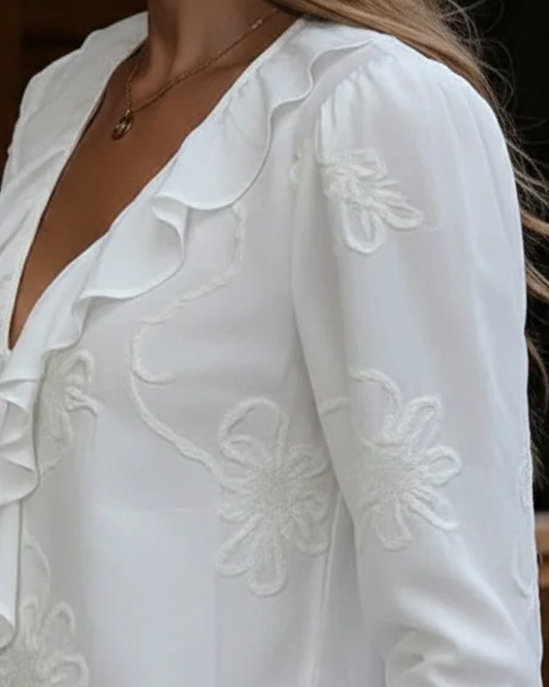Ruffle Collar Embroidered Flower Blouse