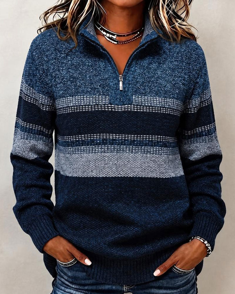 Lapel Zipper Striped Contrast Pullover