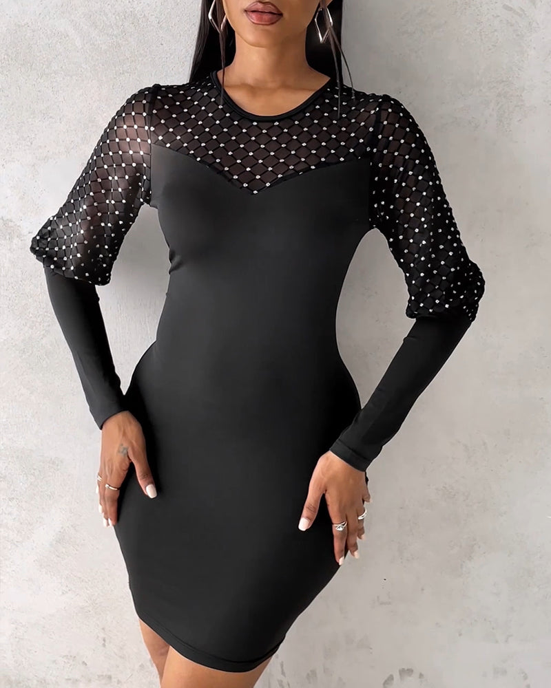 Solid Color Mesh Long-Sleeved Dress