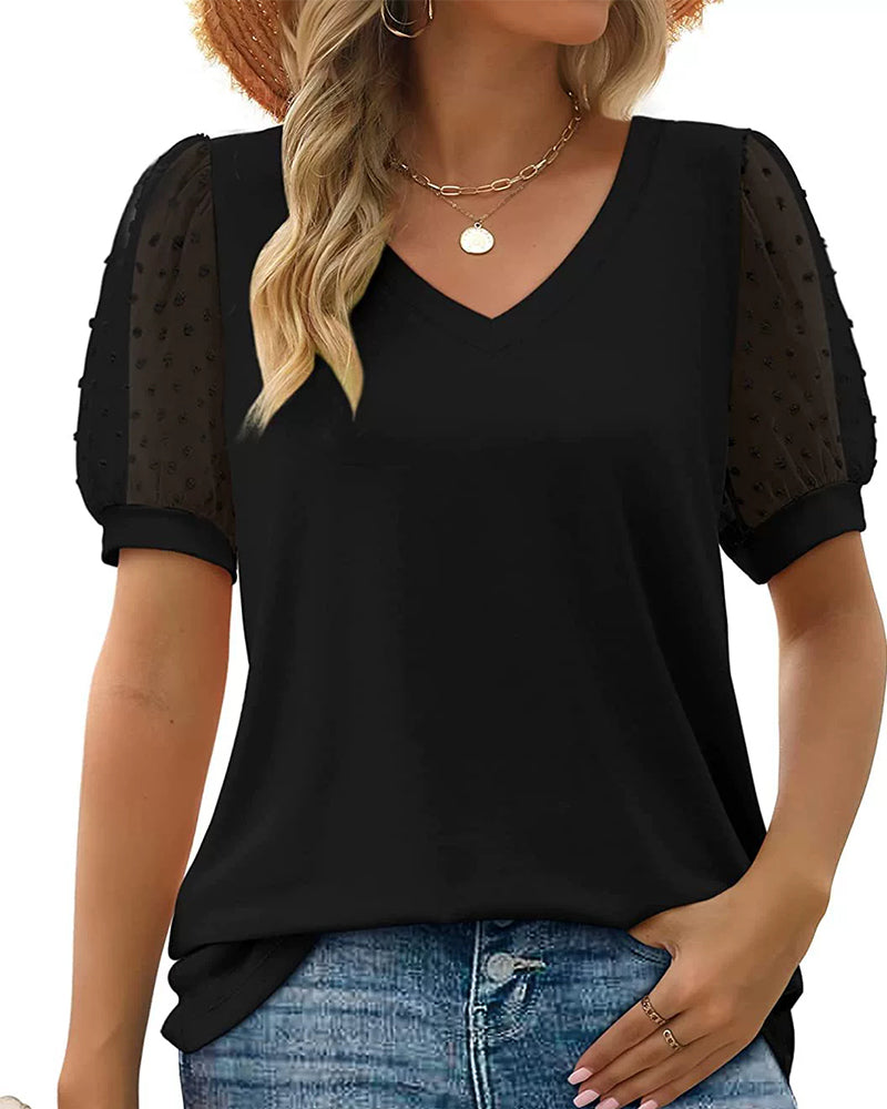 Solid Mesh Puff Sleeve Blouse