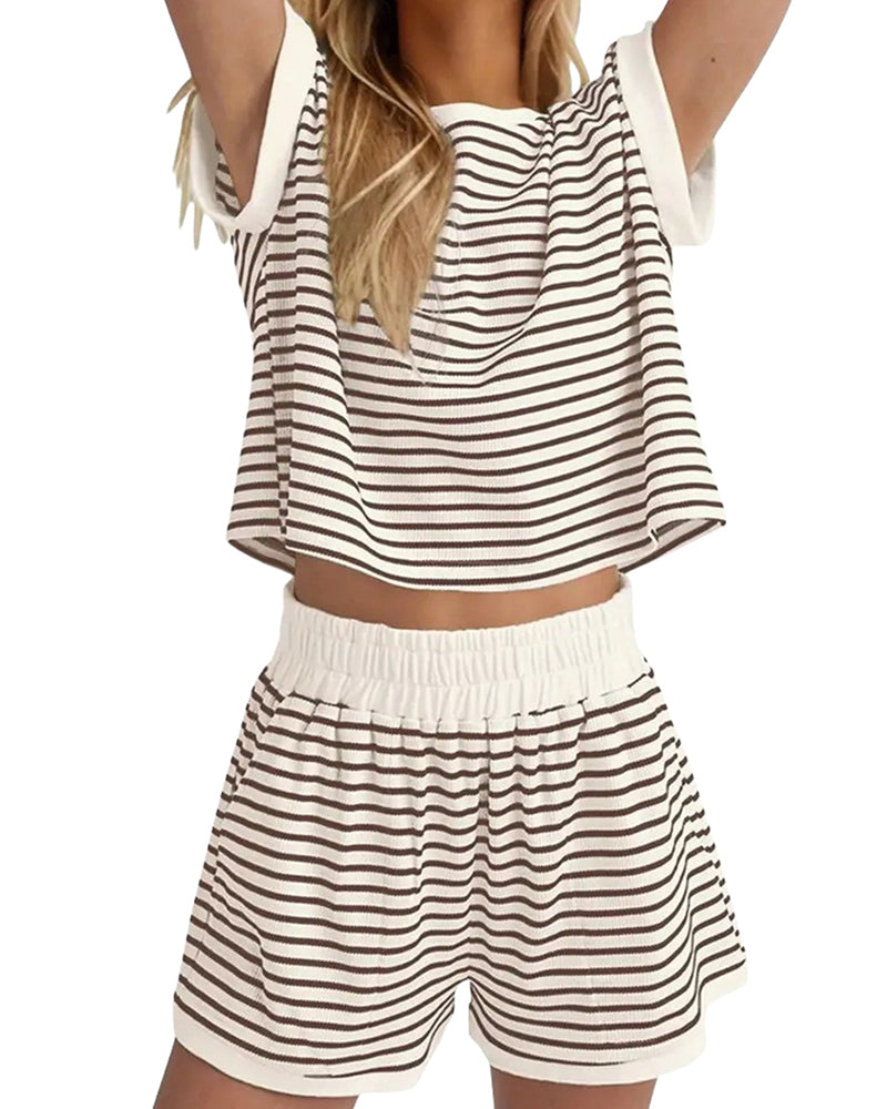 Striped Short-Sleeved Elastic Waist Sets