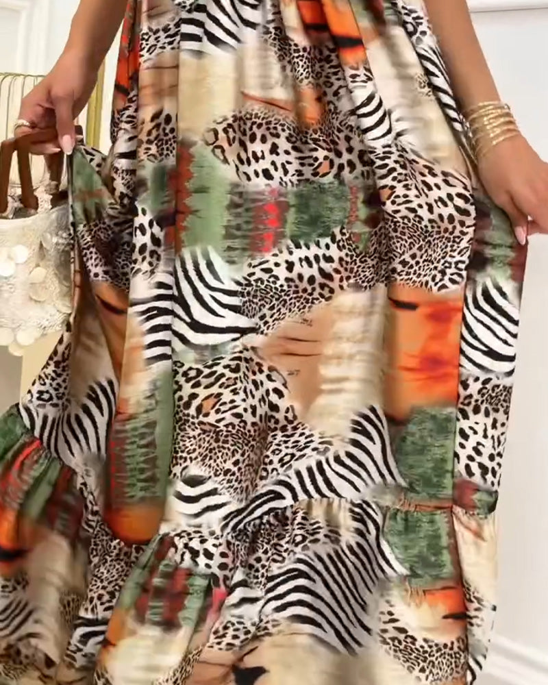 Leopard Contrast Spaghetti Strap Patchwork Dress