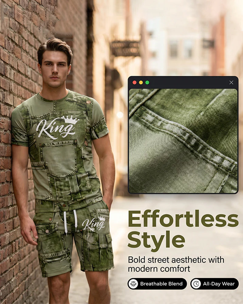 Men's Round Neck Monogram T-Shirt Drawstring Shorts Set