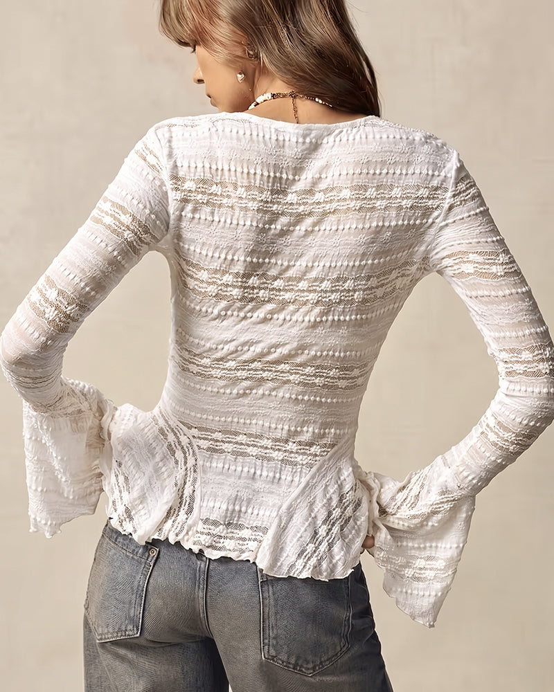 V-Neck Lace Paneled Trumpet Sleeve Blouse