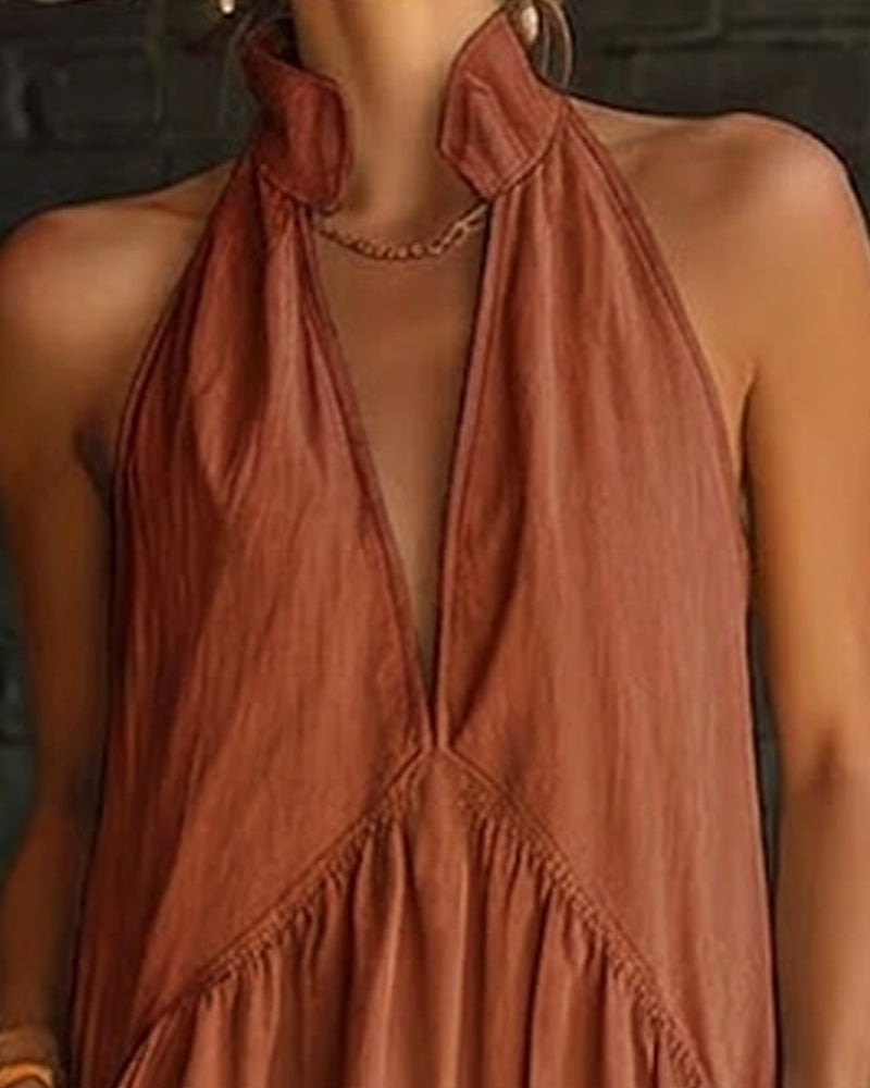 100% Cotton Sleeveless Stand-Collar Solid-Color Maxi Dress