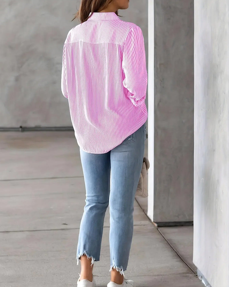 Striped Pocket Long Sleeve Loose Shirt