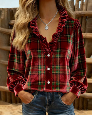 Ruffled V-Neck Velvet Top