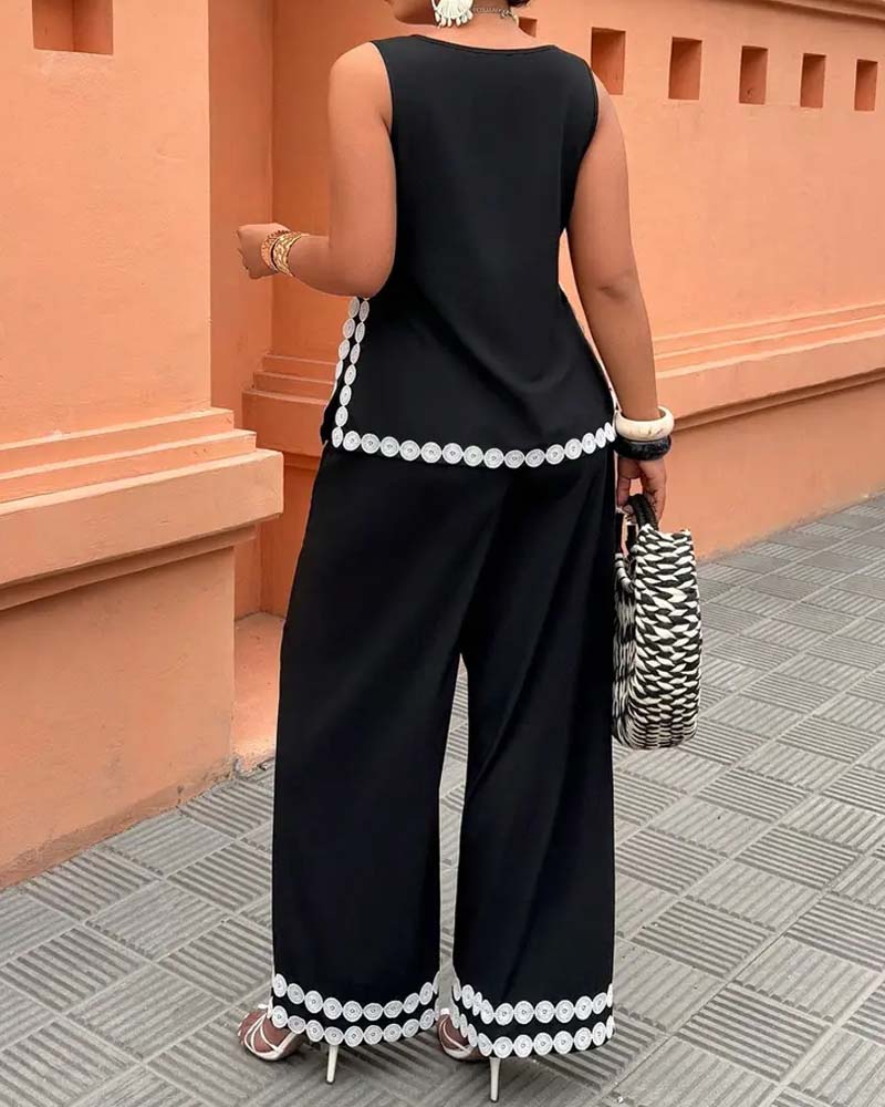 Sleeveless Crew Neck Top Wide Leg Long Pants Set