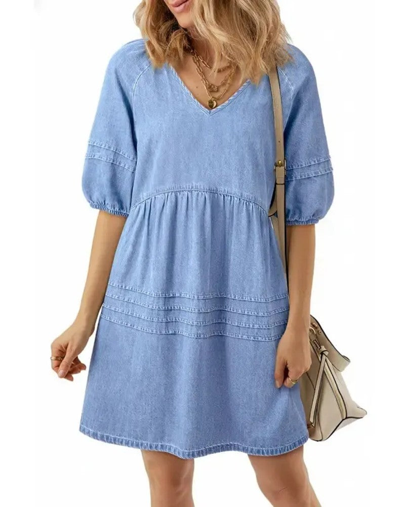 Denim V-Neck Puff Sleeve Dresses