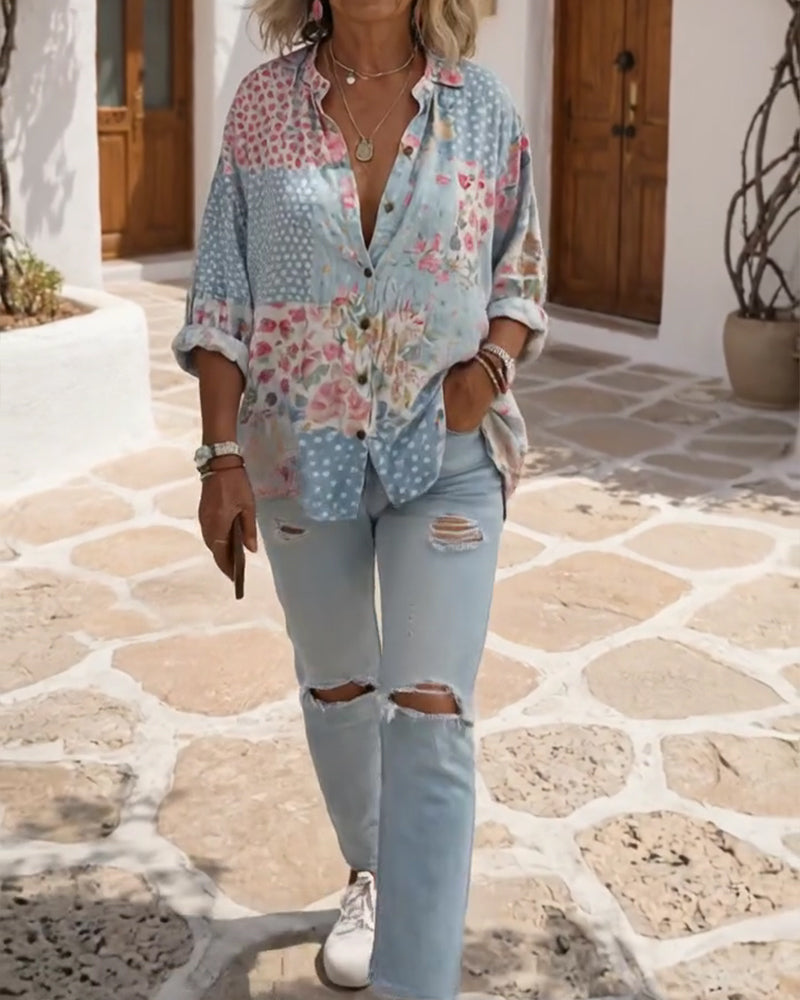 Ditsy Print Stand-Collar Shirt