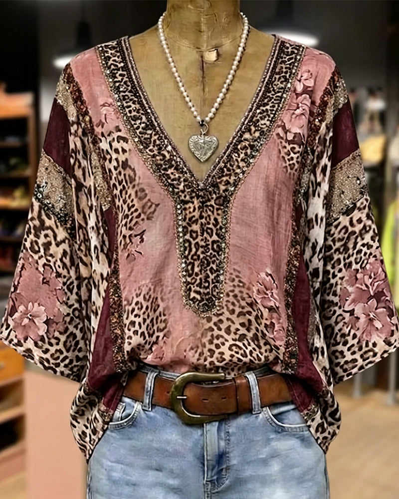 V-Neck Lantern Sleeve Leopard Blouse