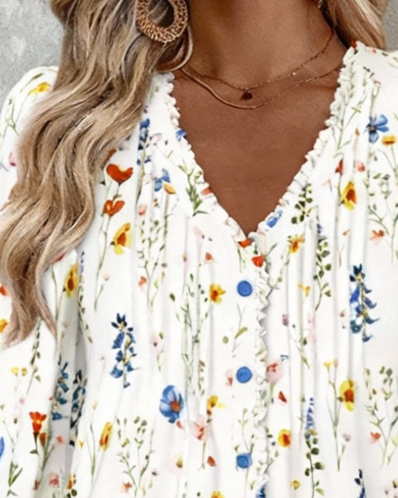 V-Neck Floral Print Stylish Shirt