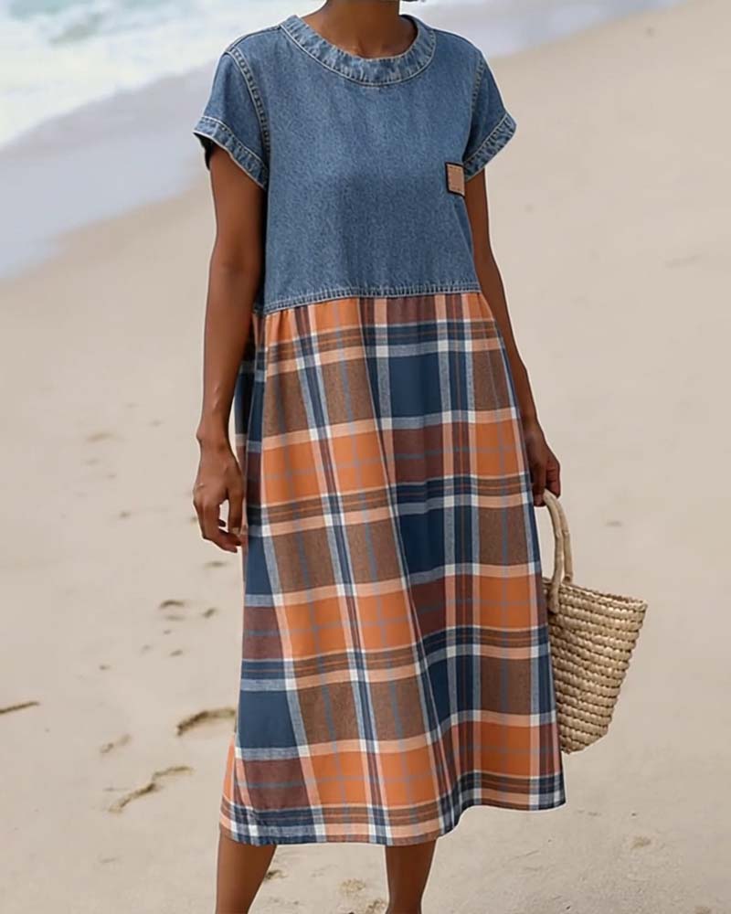 Denim Patchwork Plaid Casual Dress
