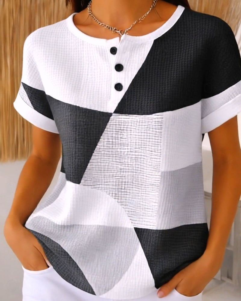 Crew Neck Button Color-Block Waffle Blouse