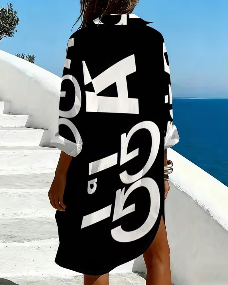 Letter Print Button Long Sleeve Dress
