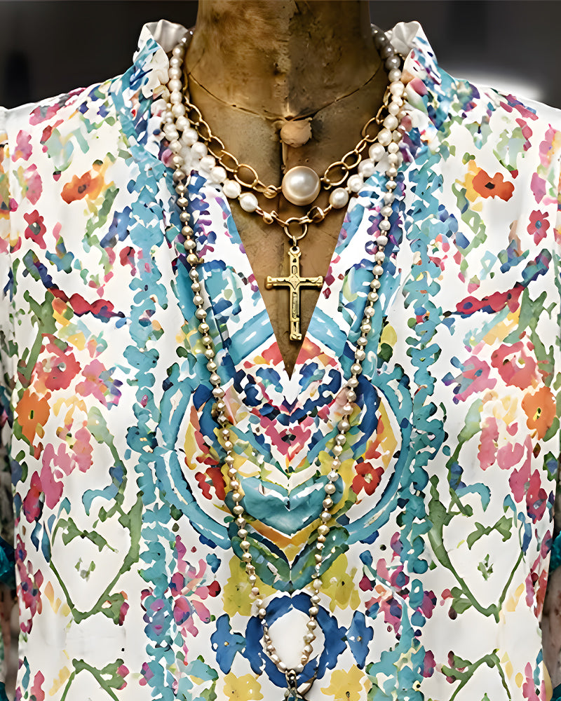 V-Neck Fringe Ruffle Ethnic Shirt