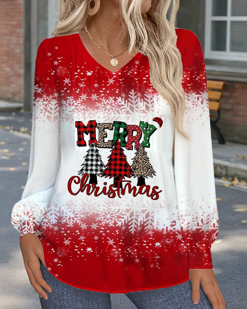 V-Neck Christmas Tree Print Long Sleeve Top