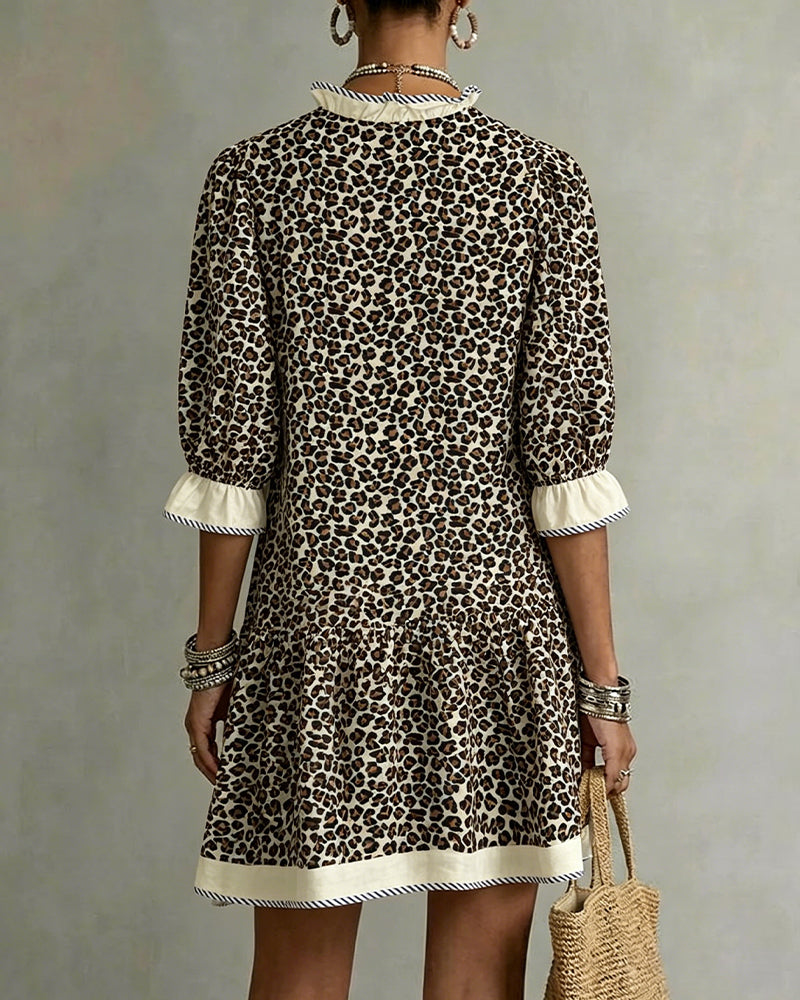 Leopard Print Ruffle V-Neck Dress