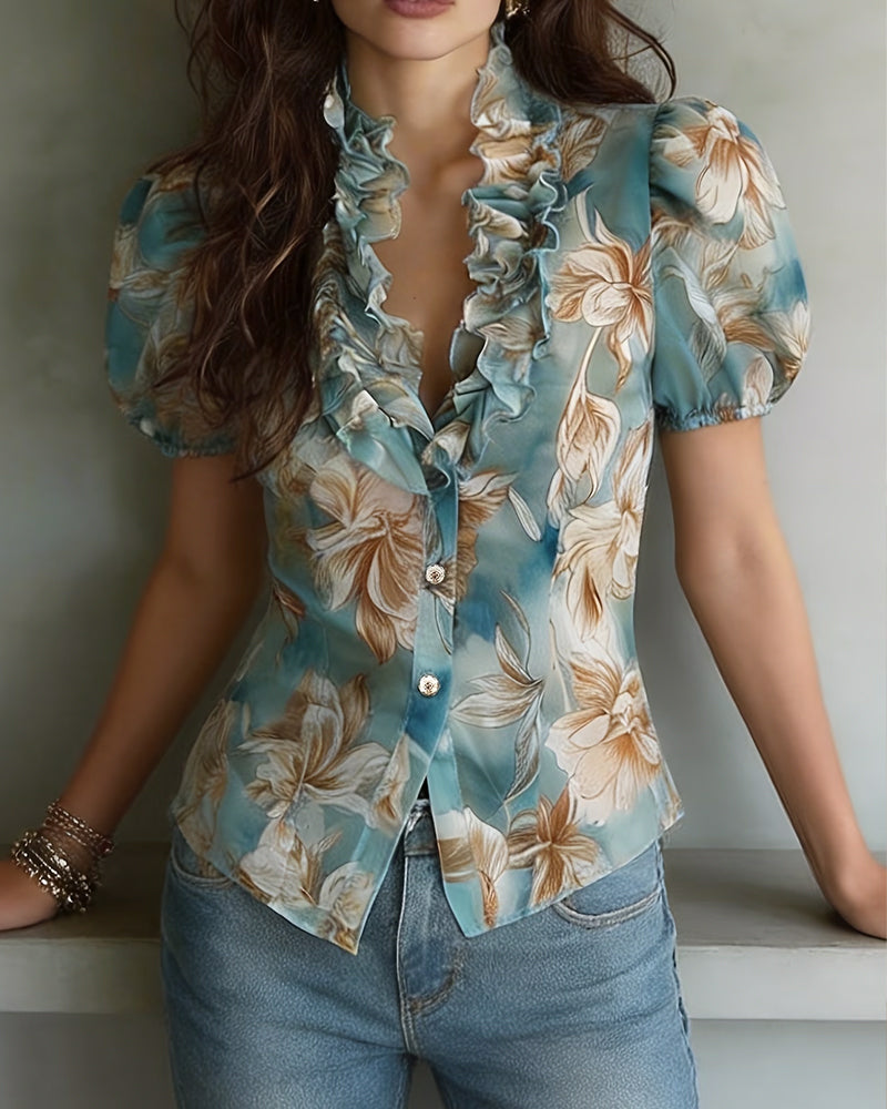 Ruffled Floral Puff Sleeve Blouse