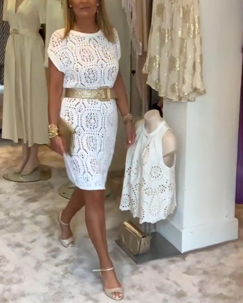 Round neck solid color cutout dress