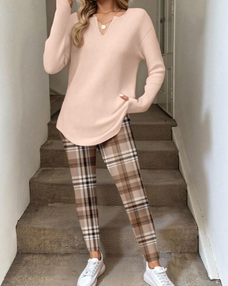 V-Neck Solid Top + Plaid Pants Loungewear Set