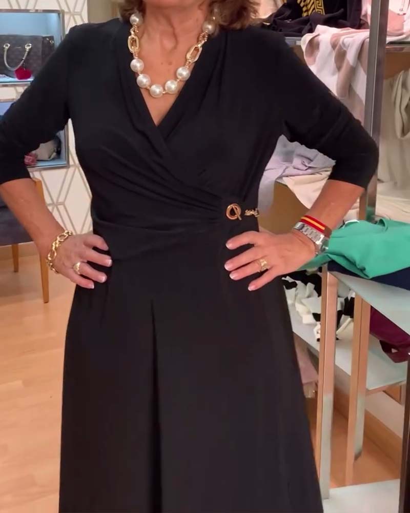 V-Neck Fitted Waist Slit Dress