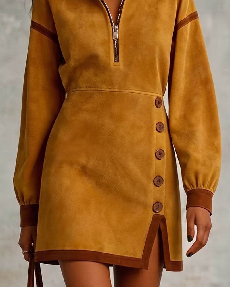 Half Zip Stand Collar Waist Cinching Short Dress