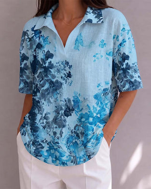 Ink Wash Floral Lapel Half Placket Blouse