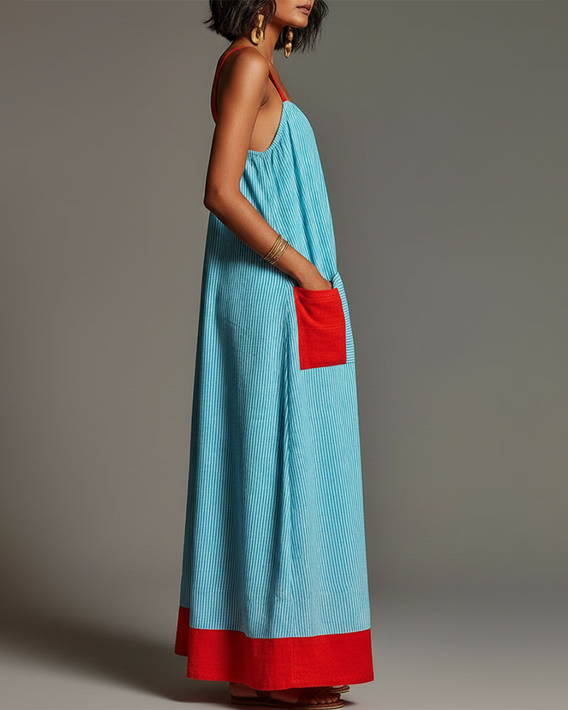 Blue Red Color Block Stripe Camisole Dress