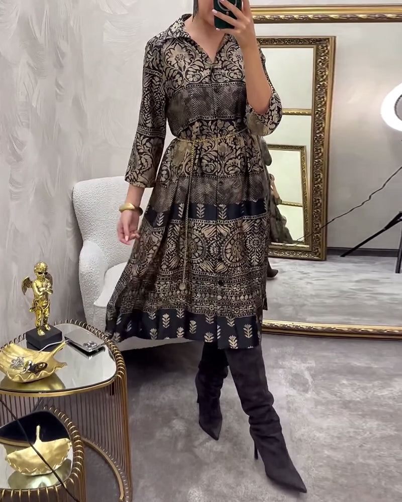 Casual Print Button-Down Pocket Dress