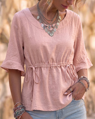 Round Neck Ruffle Drawstring Solid Blouse