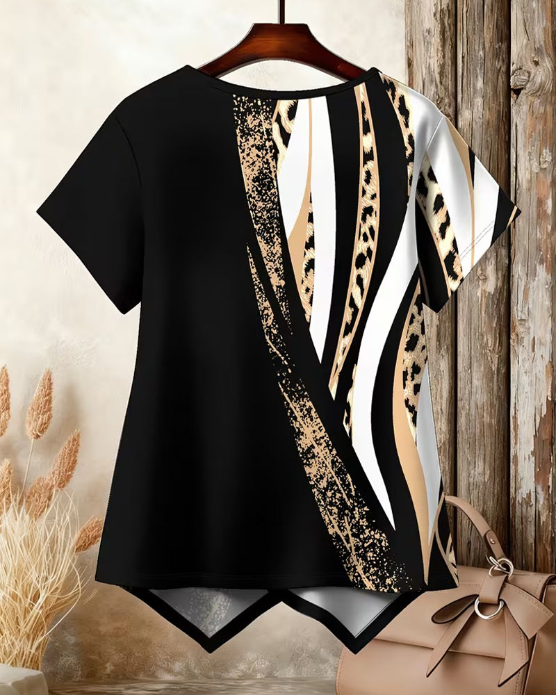 Irregular Print Short Sleeve Blouse
