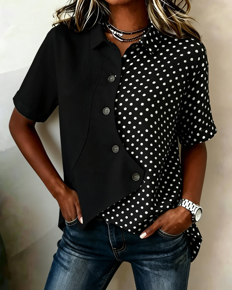 Color-Blocked Polka Dot Diagonal Button Shirt