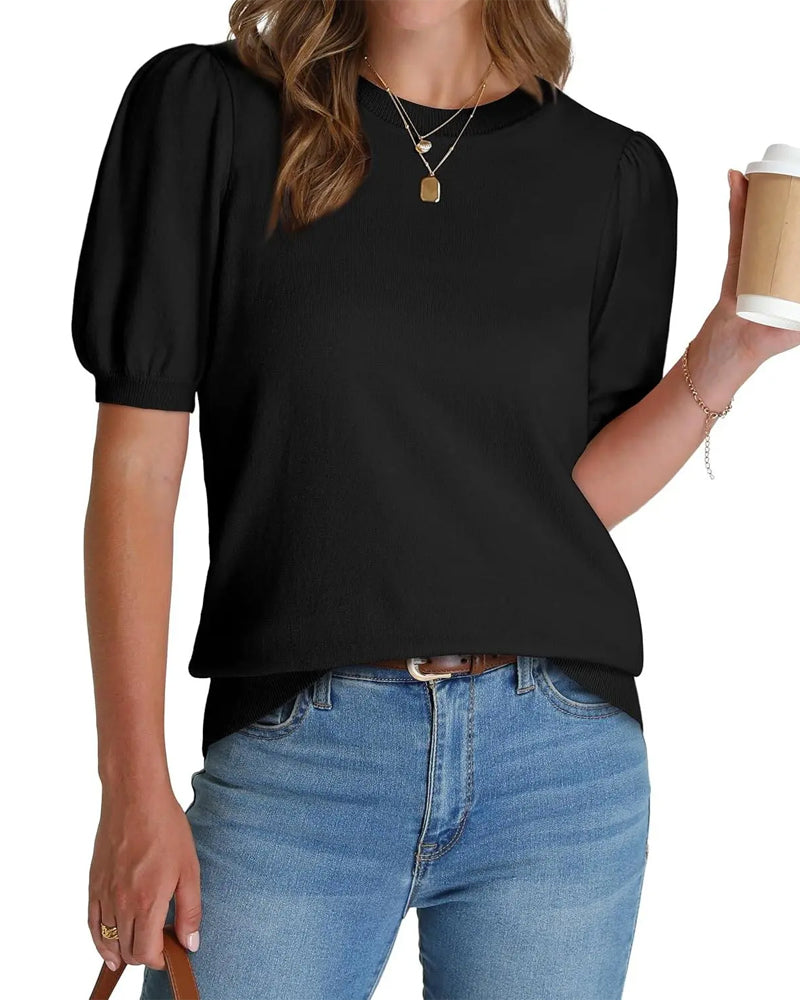 Puff Sleeve Knitted Short-Sleeve Pullover