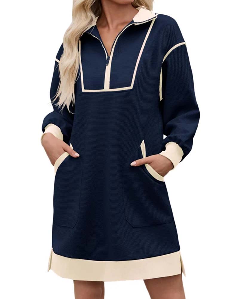Half Zip Long Sleeve Color Block Short Dress