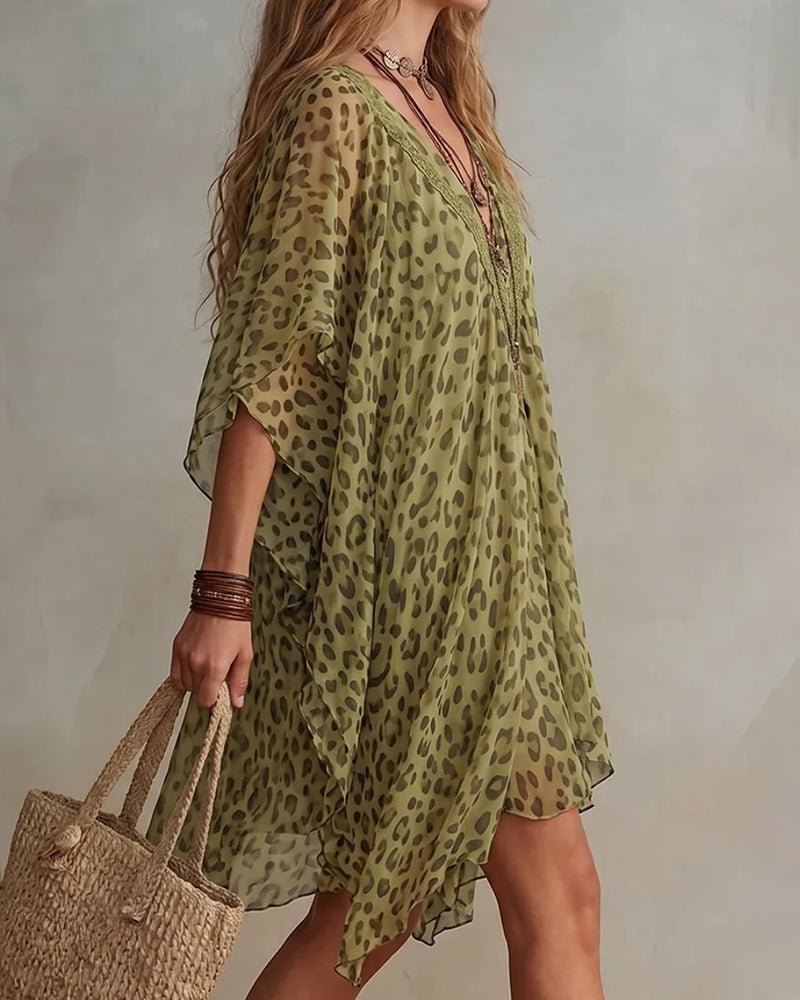 Irregular V-Neck Leopard Dress