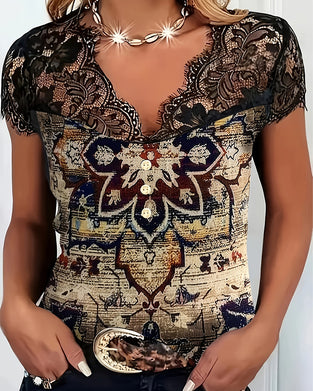 Lace-Trimmed V-Neck Retro Blouse